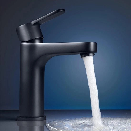 Kraan da bagno nero con altezza di fuoriuscita 112 mm, impianto di rubinetteria per lavabo con serpentina da 50 cm per acqua calda e fredda, rubinetto da lavabo con risparmio d'acqua 3/8 pollici