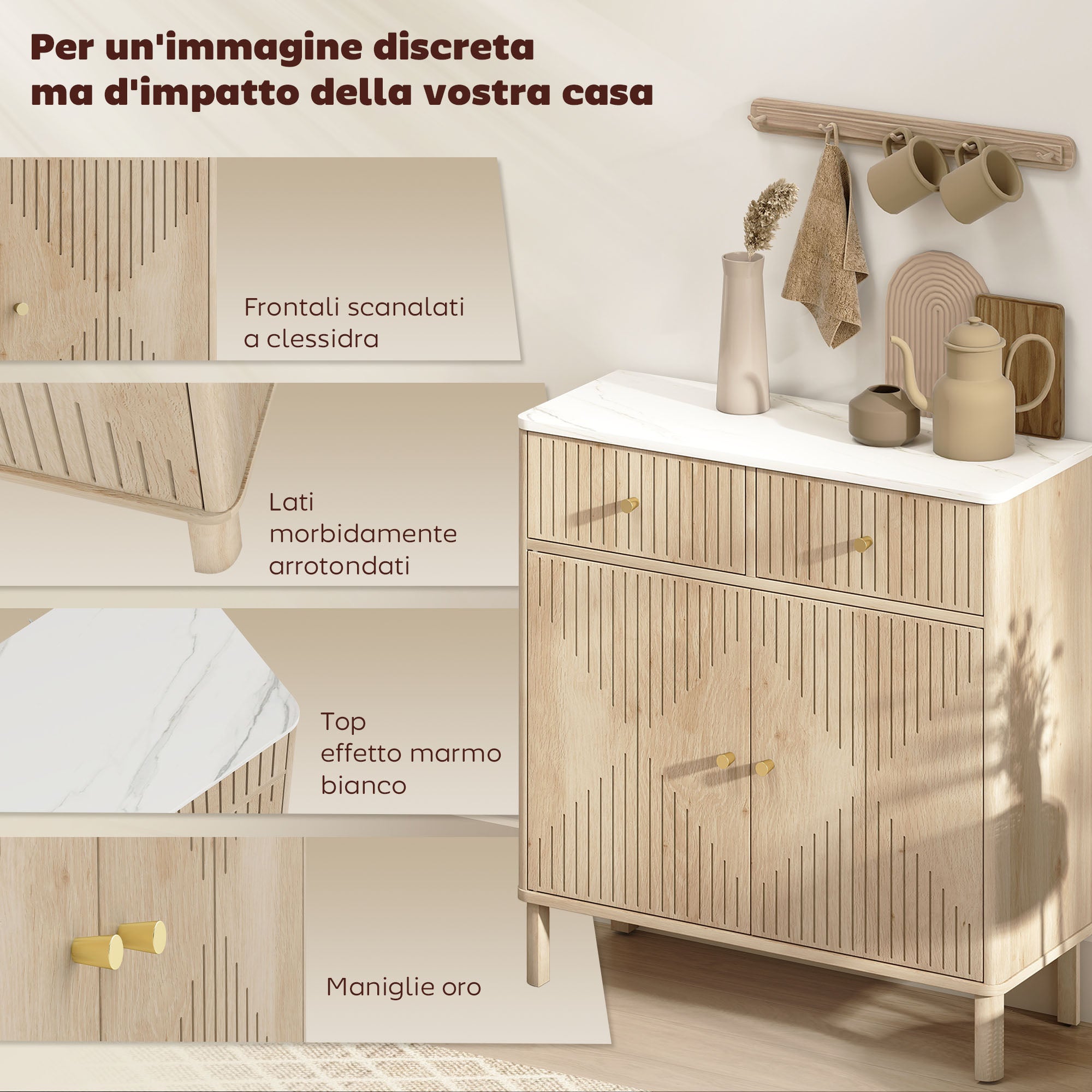 Credenza Buffet 77x30x80 cm con Piano d'Appoggio Effetto Marmo in Legno Rovere