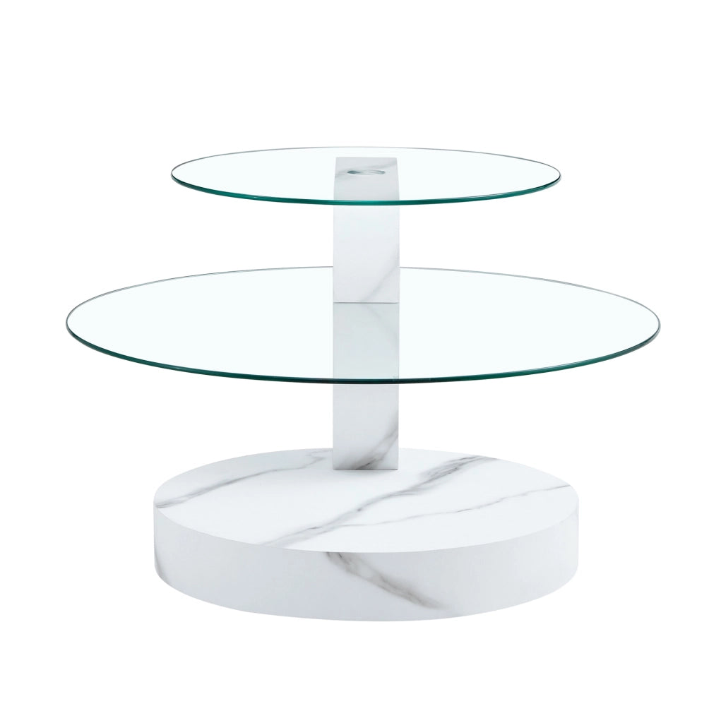 Tavolino basso bianco in MDF e vetro con ripiani sfalsati da 50 e 70 cm