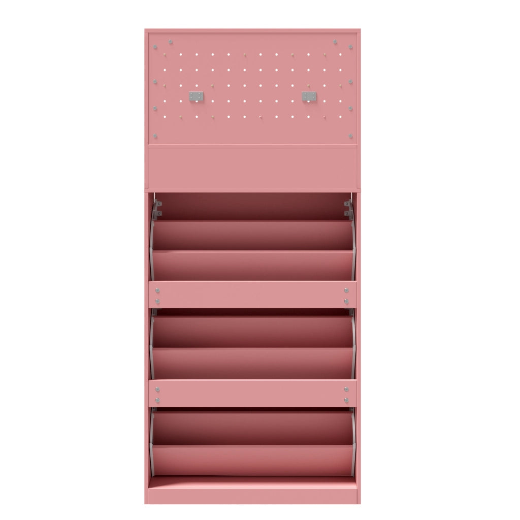 Scarpiera alta e stretta con 3 vani a ribalta, vano aperto superiore e cassetti, colore rosa, 80 ¡Á 24 ¡Á 178,5 cm
