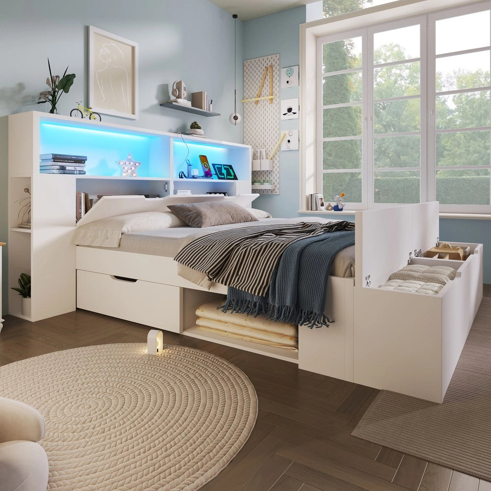 Letto Contenitore 140x200 in Legno con LED, Cassetti e Rete a Doghe ¨C MINIMAL ¨C Bianco