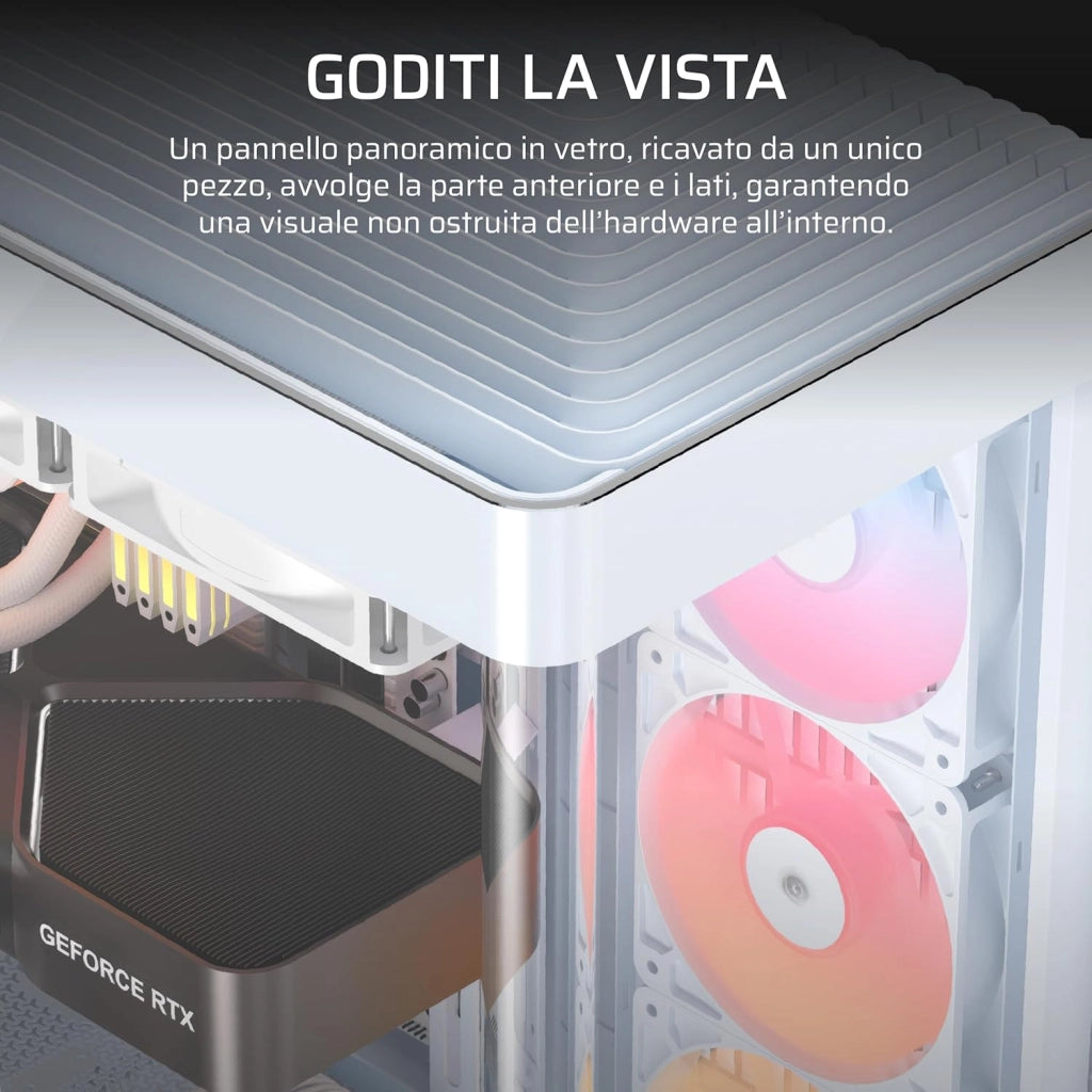 FRAME 4500X RS-R ARGB Case Mid-Tower per PC con Vetro Panoramico – Sistema di Montaggio InfiniRail, Adatto a Due Radiatori da 360 mm, Anti-Sag della GPU, Include 3 Ventole RS120R – Bianco