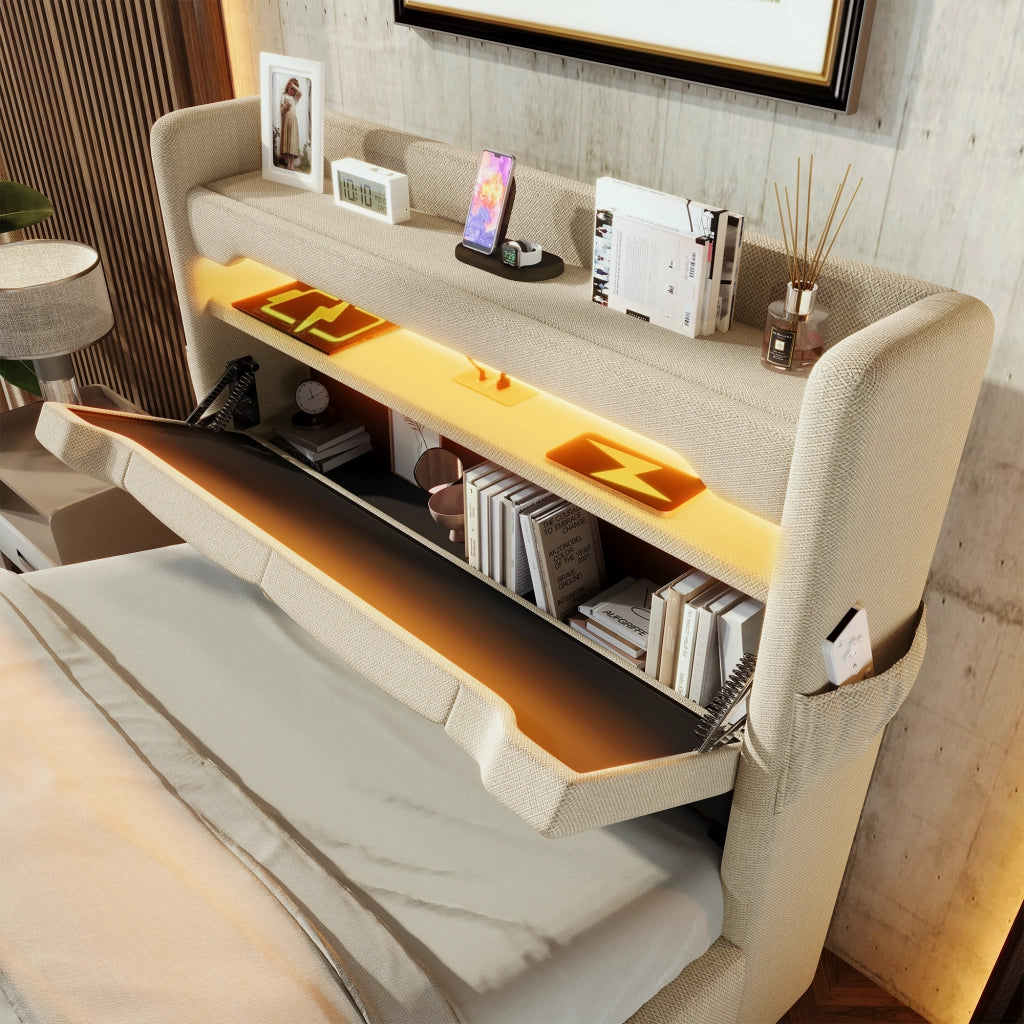DESMIU Lit Contenitore 90 × 200 cm 1 posto con USB, Type C, LED, materasso incluso, in lino, beige