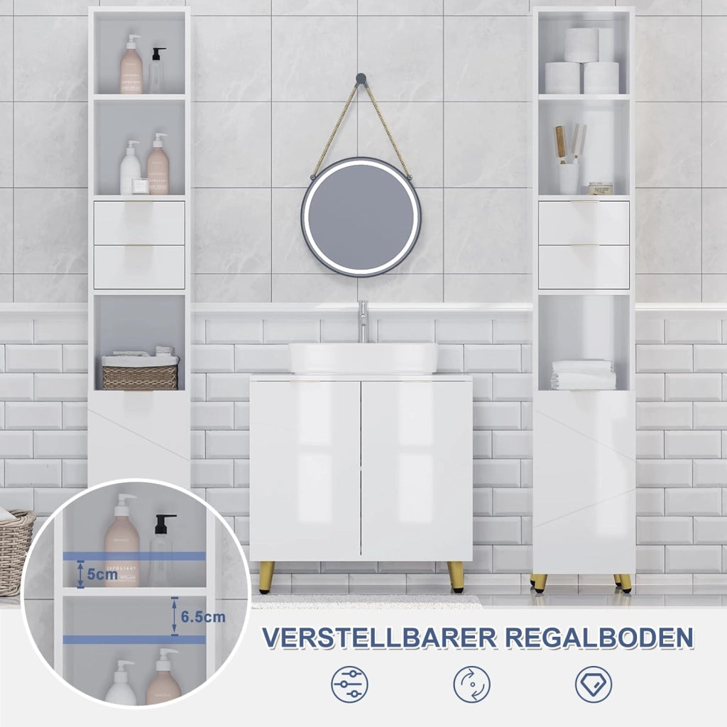 Mobile da Bagno Salvaspazio Alto e Stretto, Colonna da Bagno con 2 Cassetti, 3 Scomparti a Giorno, 1 Vano con Anta, Ripiani Regolabili, in MDF e Metallo, Bianco Lucido, 30x28,5x160cm