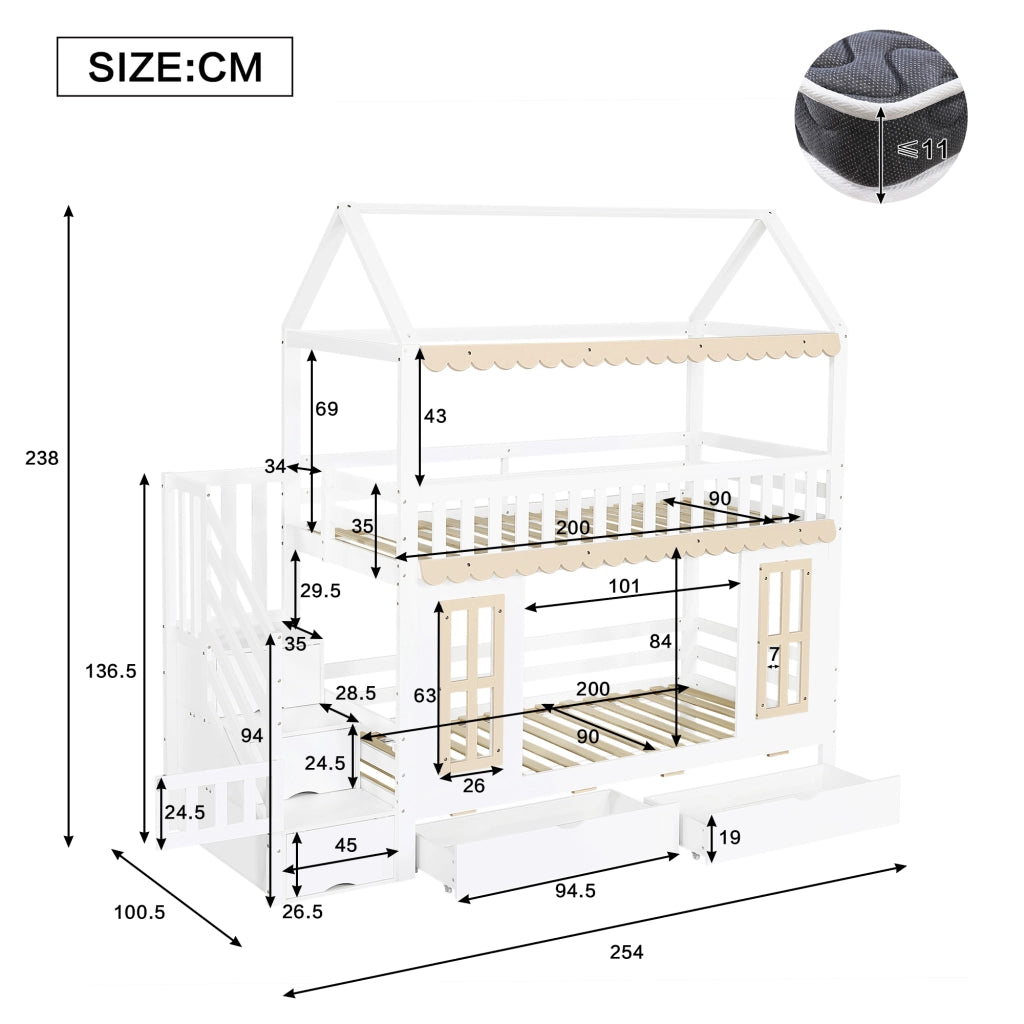 Letto a Castello 90 x 200 cm - Scala con Contenitore e 2 Cassetti - in Legno - Bianco e Naturale
