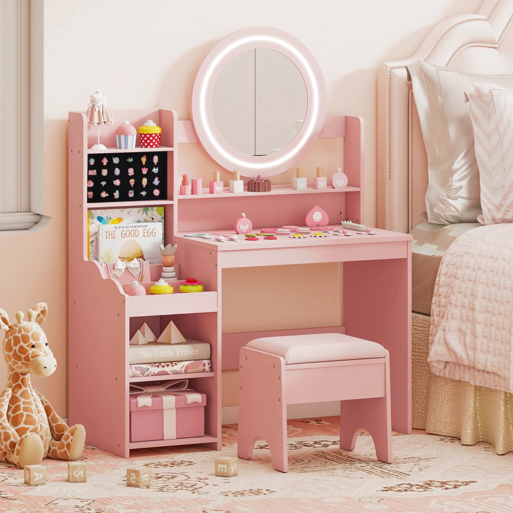 Scrivania bambini specchio luci tavolo trucco principessa scaffale aperta, Tavolo anelli spazi sgabello imbottito finzione giochi bambini Rosa