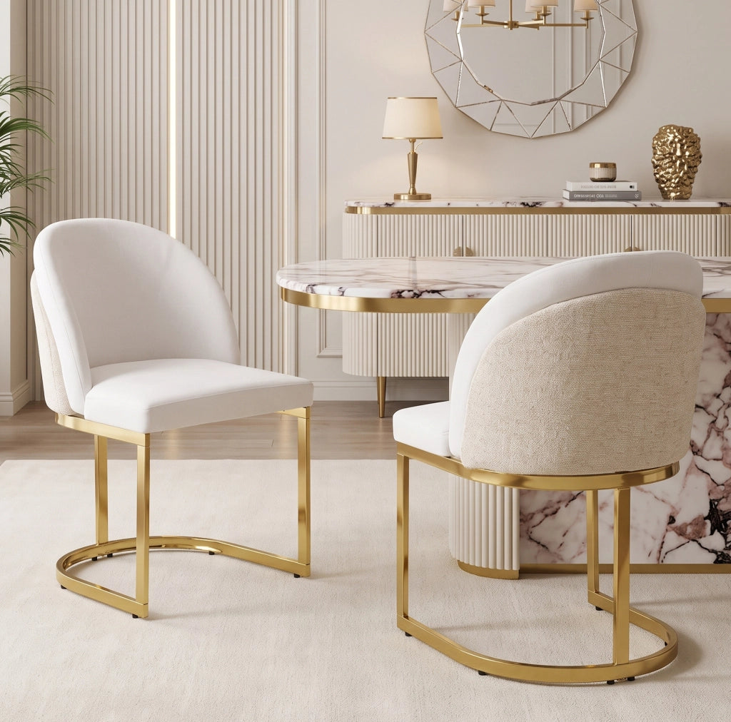 Set di 2 sedie da pranzo 66.5x56.49x54.99 cm con doppio schienale; chenille e metallo beige oro