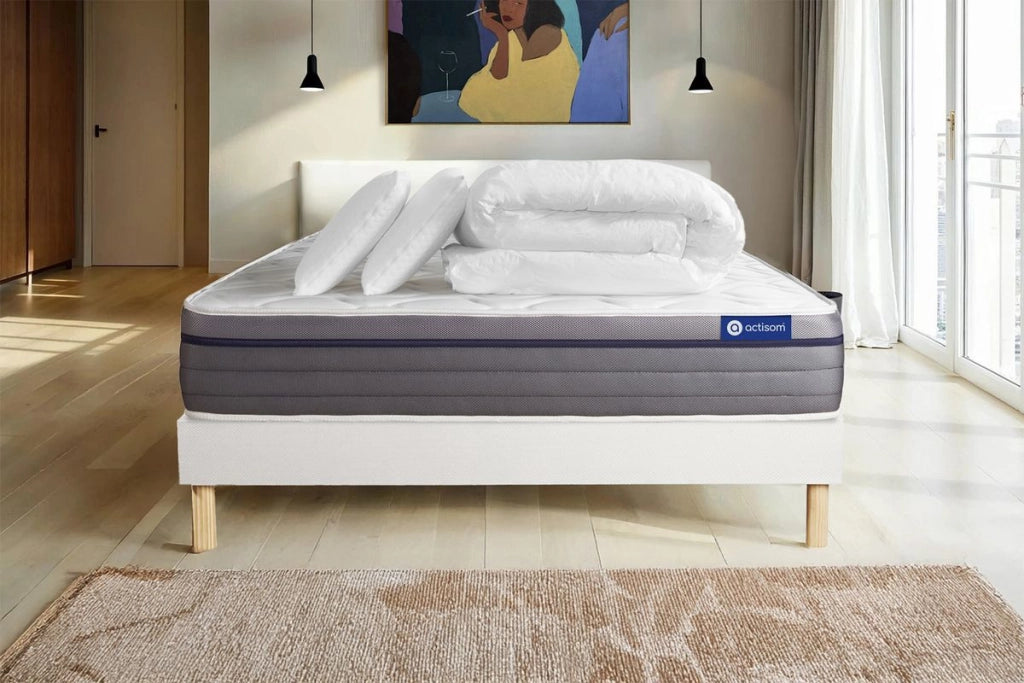 Pacchetto letto completo - Materasso 140x190cm + Box spring con doghe (kit) + 2 cuscini + Piumino - ActiMemo Zen