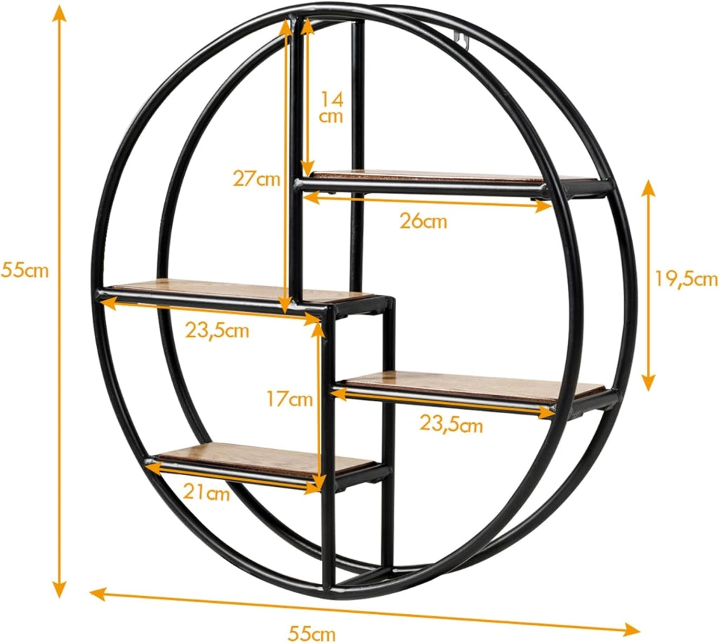 Mensola da Muro Design, Scaffale Rotondo da Parete, Libreria con 4 Ripiani Salvaspazio, per Cucina Camera da Letto Soggiorno, 55 x 55 x 11 cm