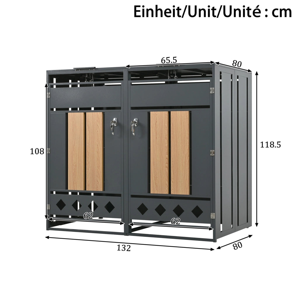 Box per bidoni rifiuti a 2 scomparti con coperchio idraulico; 132x80x118;5 cm; acciaio grigio effetto legno