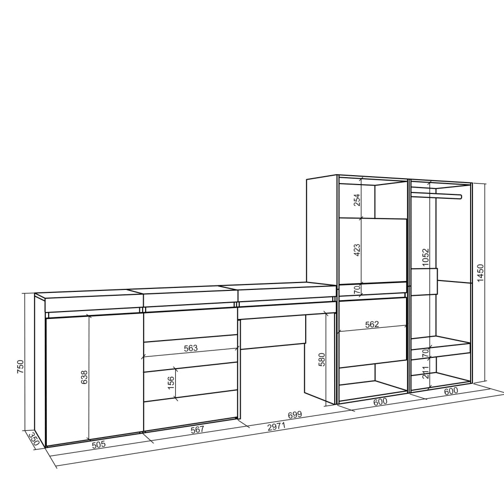 Scarpiera, 297x35x145cm, Camera da letto, Armadio Aperto, Cassettiera, Tavolo da toeletta, Bianco RF3512