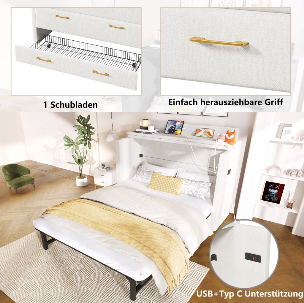 Letto a scomparsa mobile 140x200 cm beige con USB