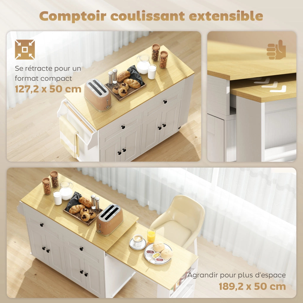 Tavolo da cucina allungabile con cassetti e ruote ¨C Zephmum ¨C Bianco