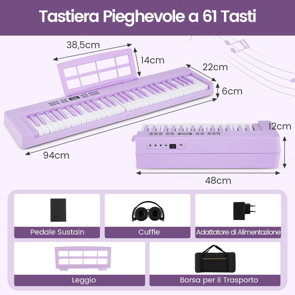 Tastiera pianoforte pieghevole 61 tasti midi cuffie pedale sustain-Tastiera elettronica portatile principianti Viola