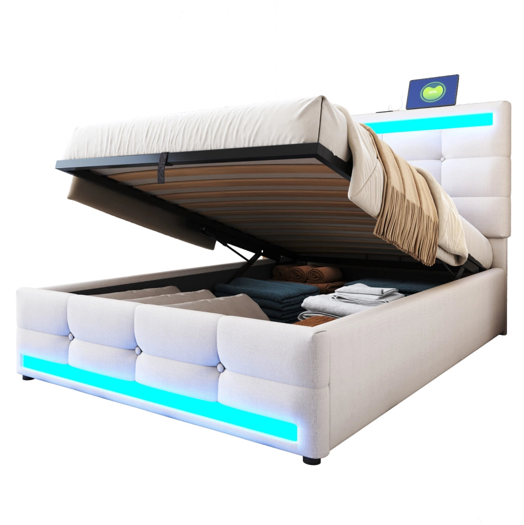 Letto imbottito 90x200 con luci LED RGB, USB e testiera regolabile