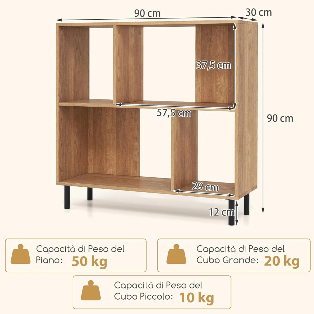 Libreria Scaffale a 4 Cubi Aperti, Libreria Basso in Legno Salvaspazio, Scaffale Espositivo per Camera da Letto, Soggiorno, Salotto, Ufficio e Studio, 90 x 30 x 90 cm (Naturale)