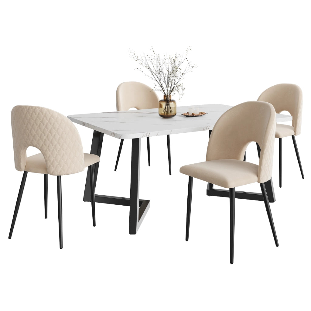 Tavolo da pranzo per 4 persone con 4 sedie in velluto, gambe regolabili, beige, 117 × 68 × 75 cm