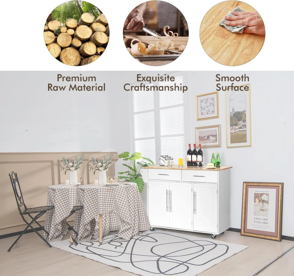 Carrello Portaoggetti con Ruote con 2 Freni, Isola Cucina in Rovere Massiccio, Mobiletto da Pranzo con Portaspezie e Portasciugamani, per Soggiorno, 111,5 x 46 x 93 cm, In 2 Pacchi (Bianco)