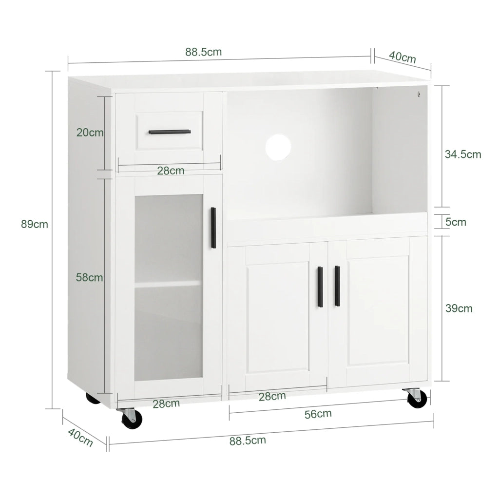Credenza con ruote Mobile per Microonde da Cucina con 1 Cassetto, 3 Ante Armadio cucina 89x40x89cm coolore bianco FSB78-W SoBuy
