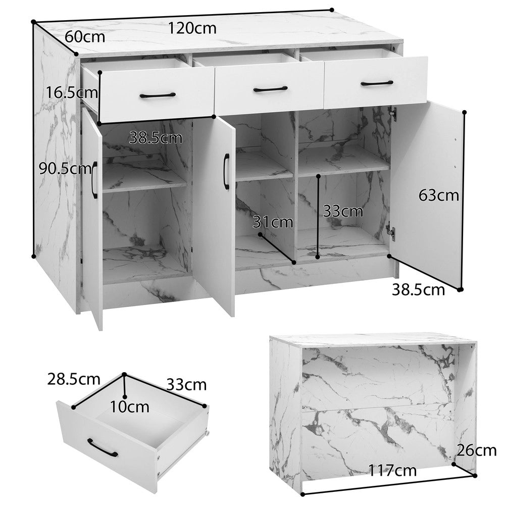 Isola da Cucina con 3 Cassetti e 3 Ante ¨C Xylo ¨C Effetto Marmo Bianco, 120x60x90,5 cm