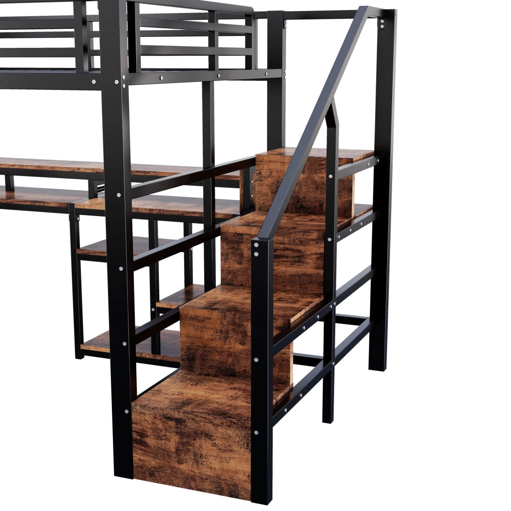 Letto a soppalco 140x200 cm in metallo e MDF; con scala contenitore; LED e USB; nero