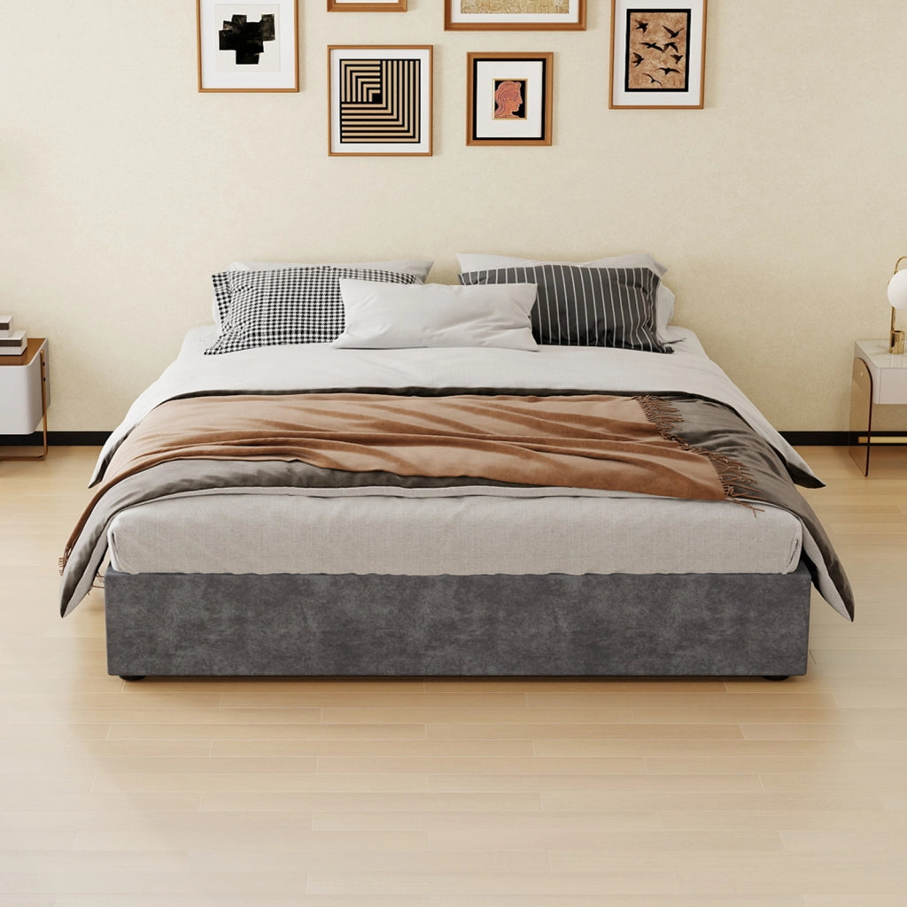 DESMIU Lit 160 × 200 cm 2 posti con testiera geometrica, senza materasso, in tessuto grigio e metallo