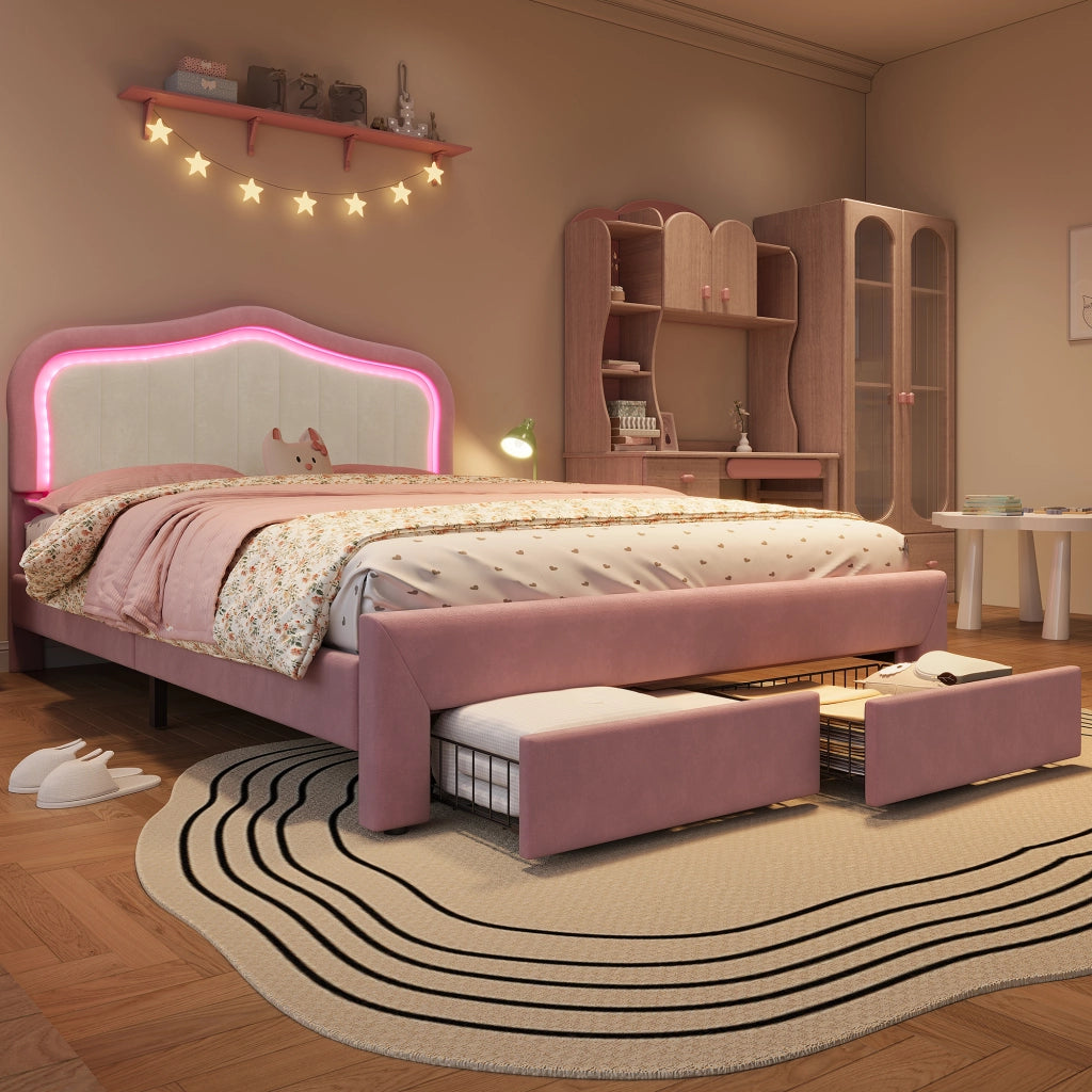 Letto imbottito rosa 140x200 cm in velluto con 2 cassetti e LED controllati tramite app per cameretta