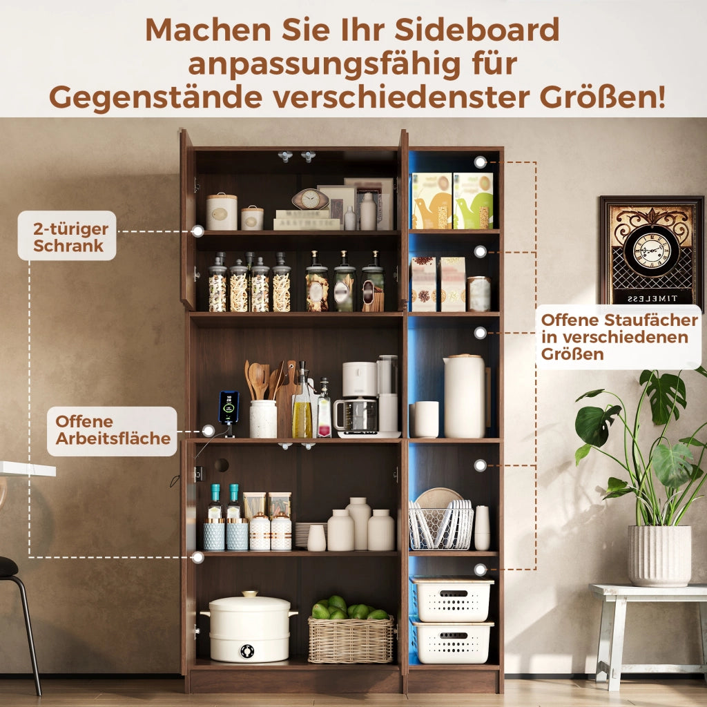 Mobile credenza da cucina con LED e presa elettrica, 2 ante e vani aperti per cucina e soggiorno, noce 105 × 40 × 180 cm