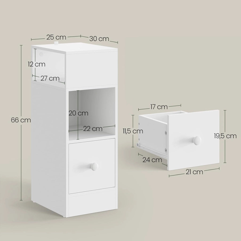 Set di 2 Comodino Stretto, Comodino con 2 Scomparti a Giorno e Cassetto, Tavolino da Notte 25x30x66cm, Mobile Salvaspazio per Camera da Letto, Soggiorno, in Truciolato, Bianco, 0179ZZ-2