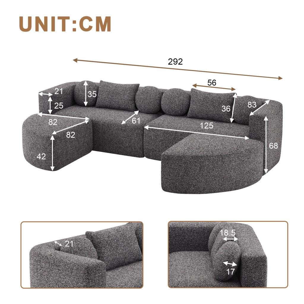 Divano modulare in chenille nero con funzione letto, struttura compressa, senza montaggio, 292 x 165 x 68 cm