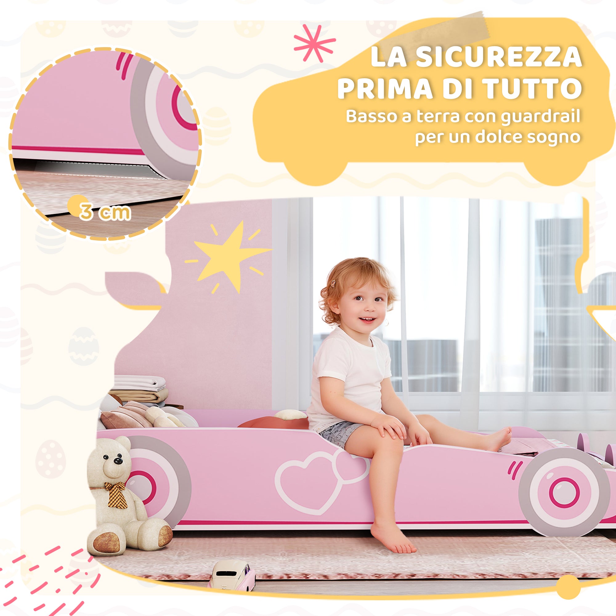 Letto per Bambini da 3-5 Anni 140x70 cm a Forma di Macchina con Sponde Rialzate di Sicurezza Rosa