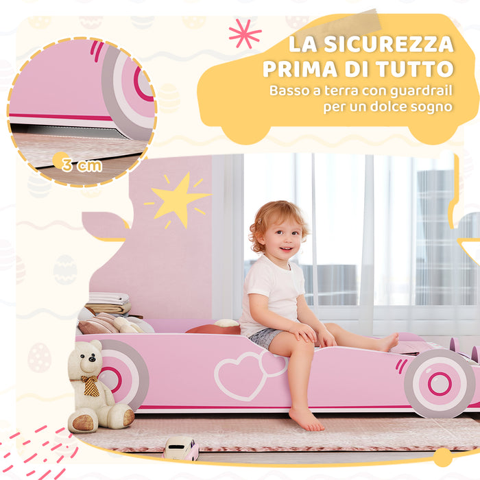 Letto per Bambini da 3-5 Anni 140x70 cm a Forma di Macchina con Sponde Rialzate di Sicurezza Rosa
