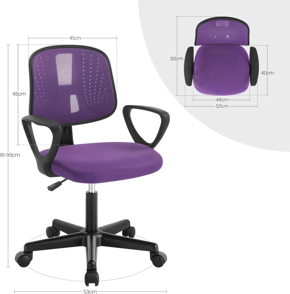 Sedia da Scrivania per Bambini, Sedia da Studio Girevole, Ergonomica con Ruote, Tessuto a Rete Traspirante, Sgabello Girevole con Schienale Regolabile Automaticamente, Viola