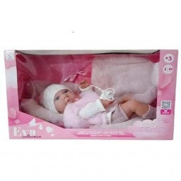 Bambola-Eva Collection, bambola con vestitino bianco e pelliccia rosa-Eta 3+