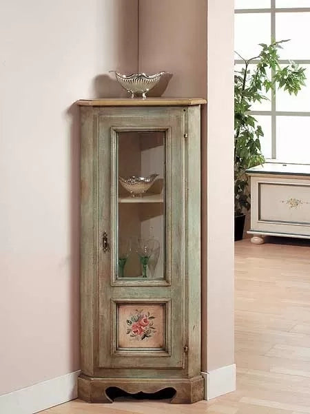 Mobile angolo in legno 1 porta 3 ripiani arte povera laccato verde 49x31x116 (1333) - Mobili 2G