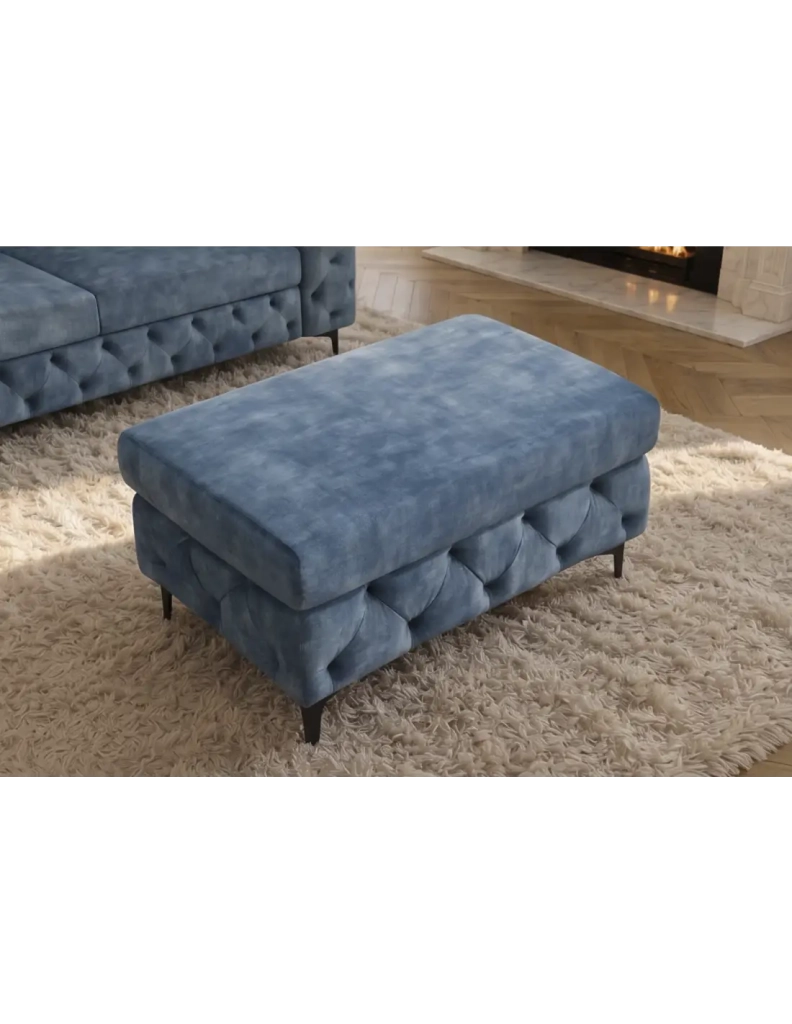 Divano ad angolo VELENA 4 posti con pouf - Velluto blu trapuntato - 235 x 74 x 157 cm