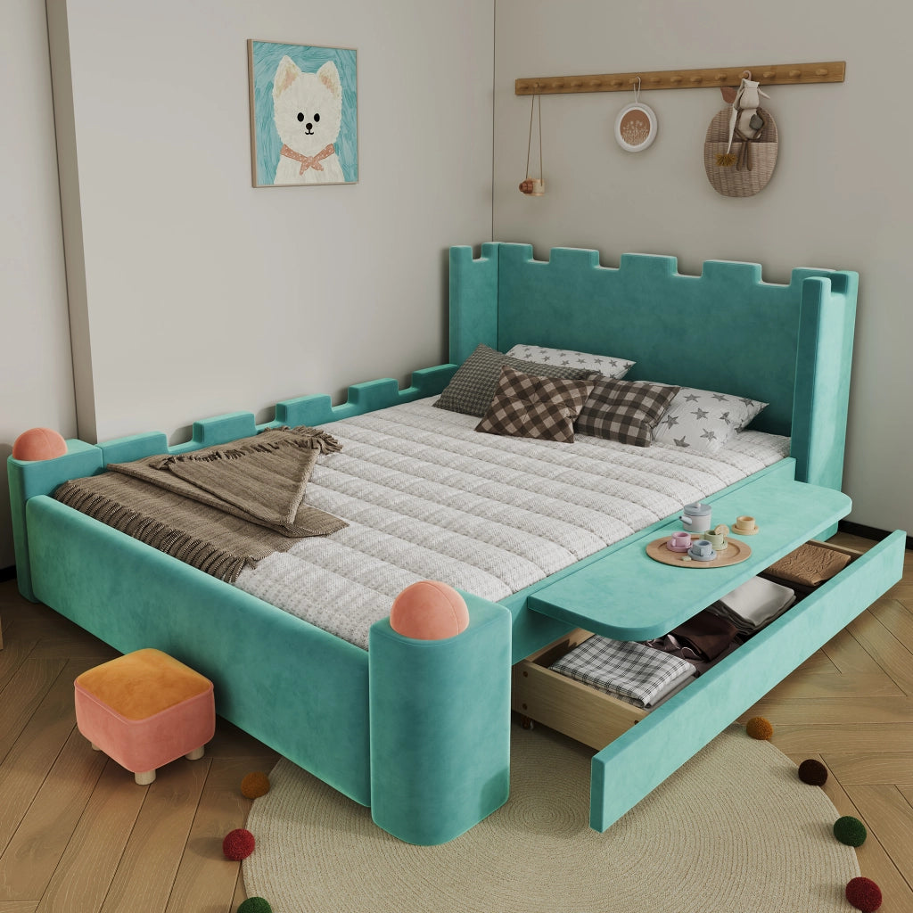 Letto per Bambini 140x200 cm; Matrimoniale con Ripiano pieghevole e Cassetto; Blu Verde