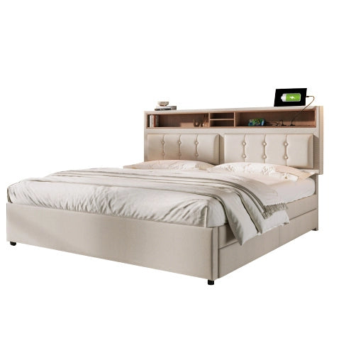 Letto matrimoniale 140x200 cm con 4 cassetti; USB C; testiera regolabile; lino beige