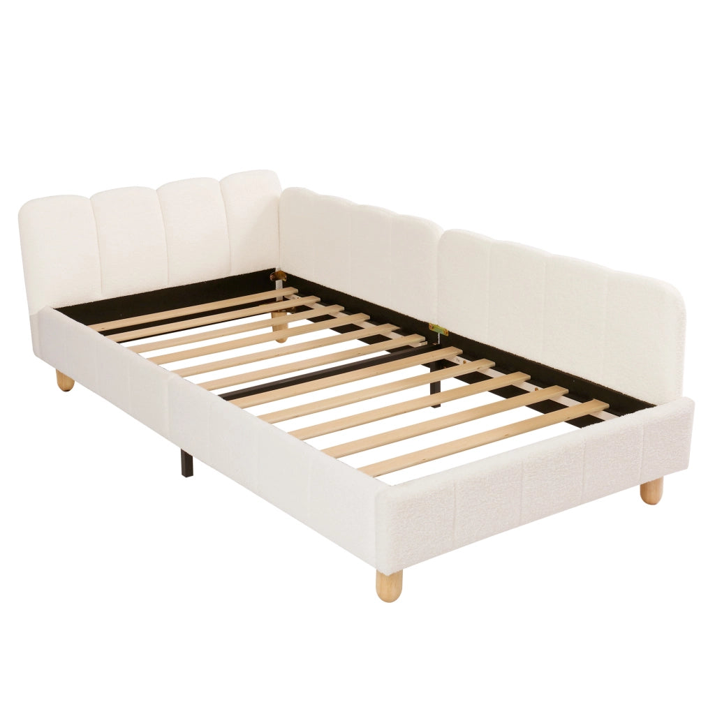 Letto per bambini in tessuto boucl¨¦ beige con testiera imbottita e braccioli