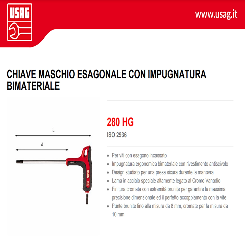 Usag art. 280hg chiave maschio esagonale da 6,0mm con impugnatura bimateriale