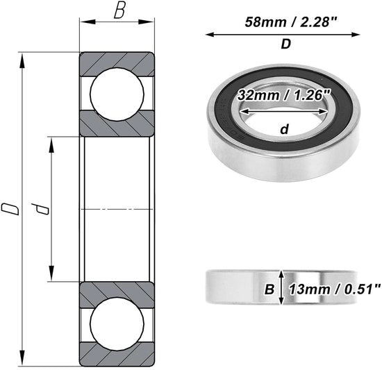 Lager a guscio profondo per scooter e skateboard, P0 32x58x13mm, colore nero argento.