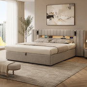 Letto imbottito 180 x 200 cm con USB, LED, lampada da comodino e contenitore, in velluto grigio