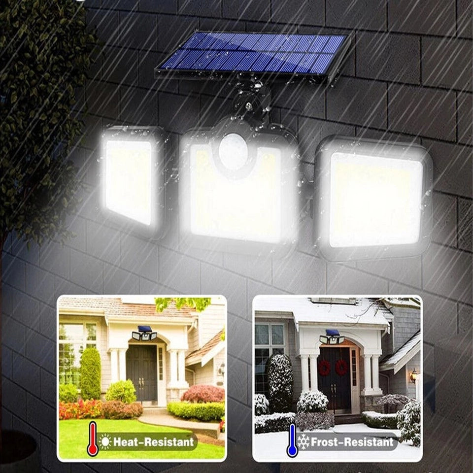 FARETTO COB LED SOLARE LUCE FREDDA SENSORE MOVIMENTO TRIPLA TESTA ROTANTE B0389
