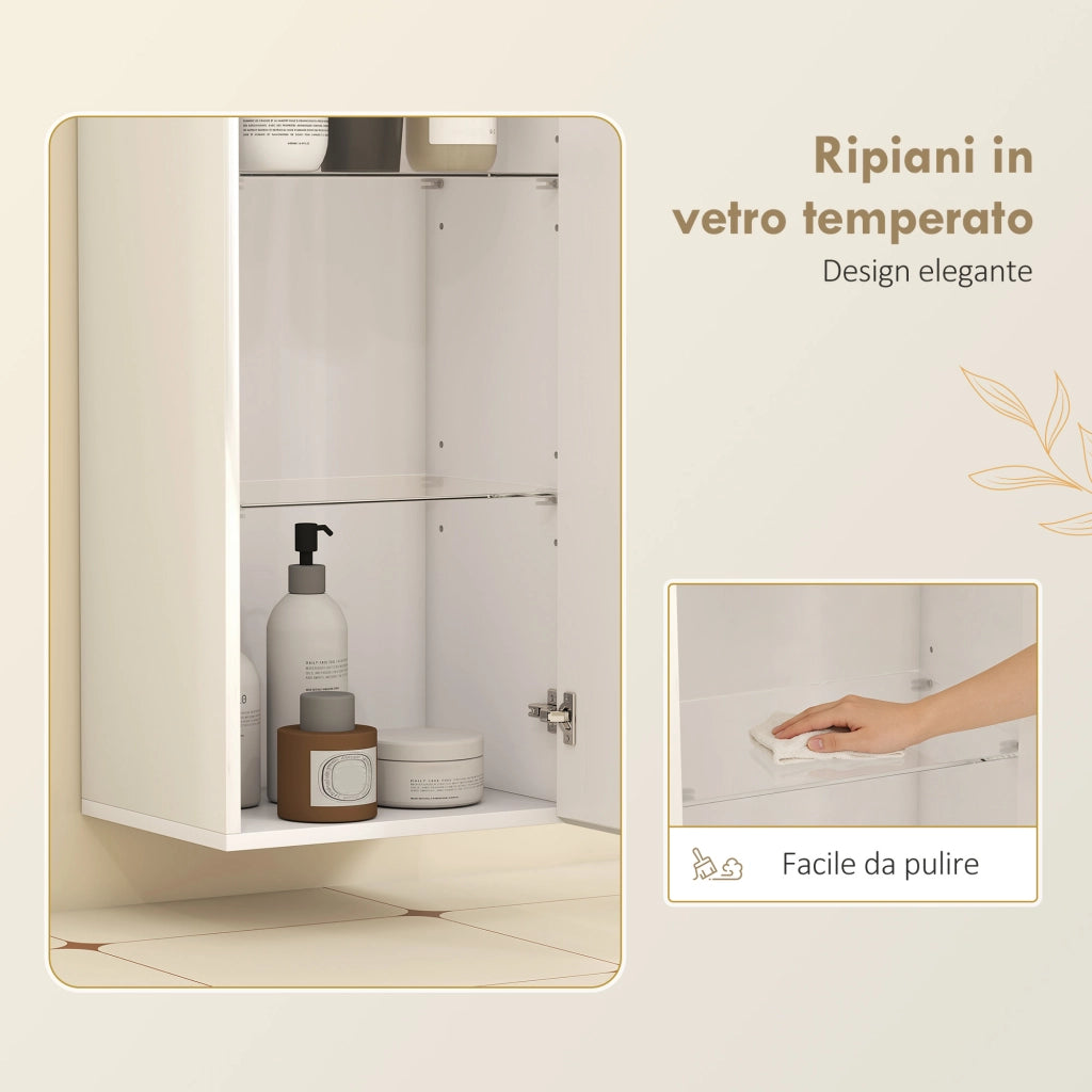 Mobiletto Bagno Pensile con 2 Ripiani in Vetro Regolabili e Anta Senza Maniglia, Bianco Lucido