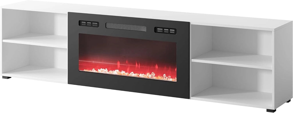 Mobile porta TV soggiorno con caminetto nero ROLLO cm 200x33x48.5h bianco opaco
