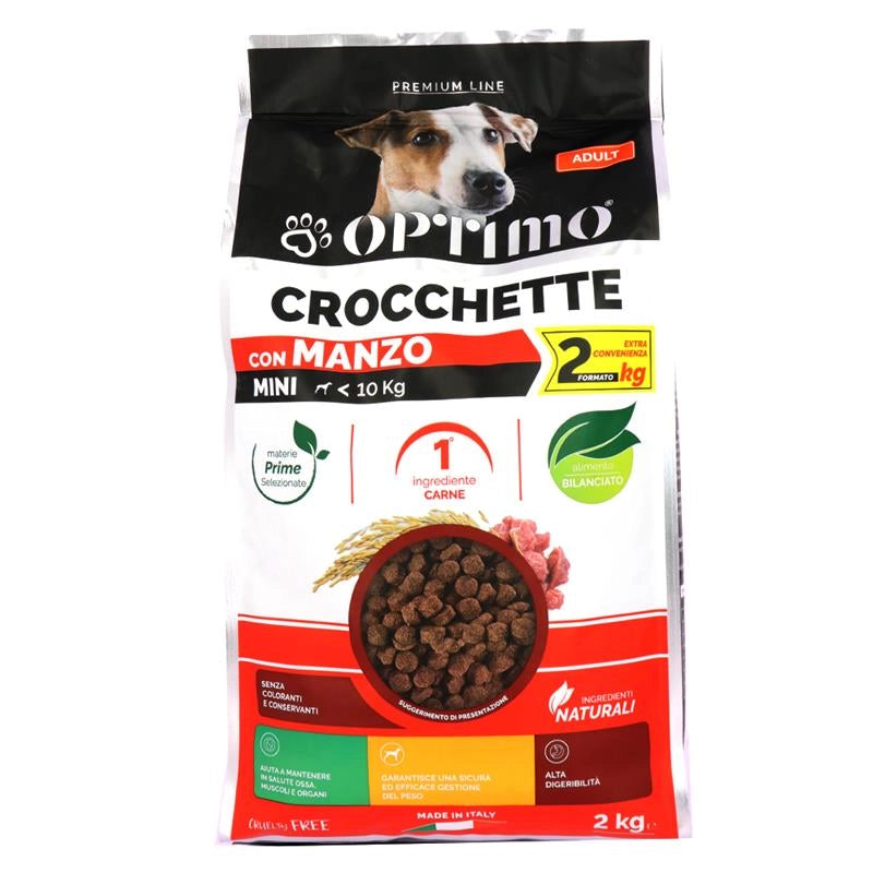 OPTIMO PREMIUM LINE CANE MINI ADULTO CROCCHETTE DI MANZO ALTA DIGERIBILTÀ SENZA COLORANTI E CONSERVANTI MADE IN ITALY 2KG