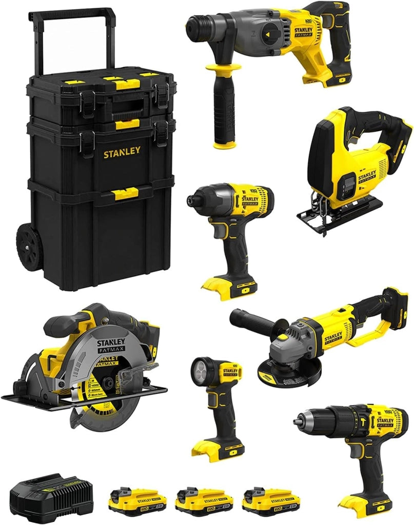 STANLEY FatMax Kit SVK700 (SFMCH900 + SFMCG400 + SFMCD711 + SFMCF800 + SFMCS500 + SFMCS600 + SFMCL020 + 3 Batterie 2,0 Ah + Caricabatteria + Caddy 3in1)
