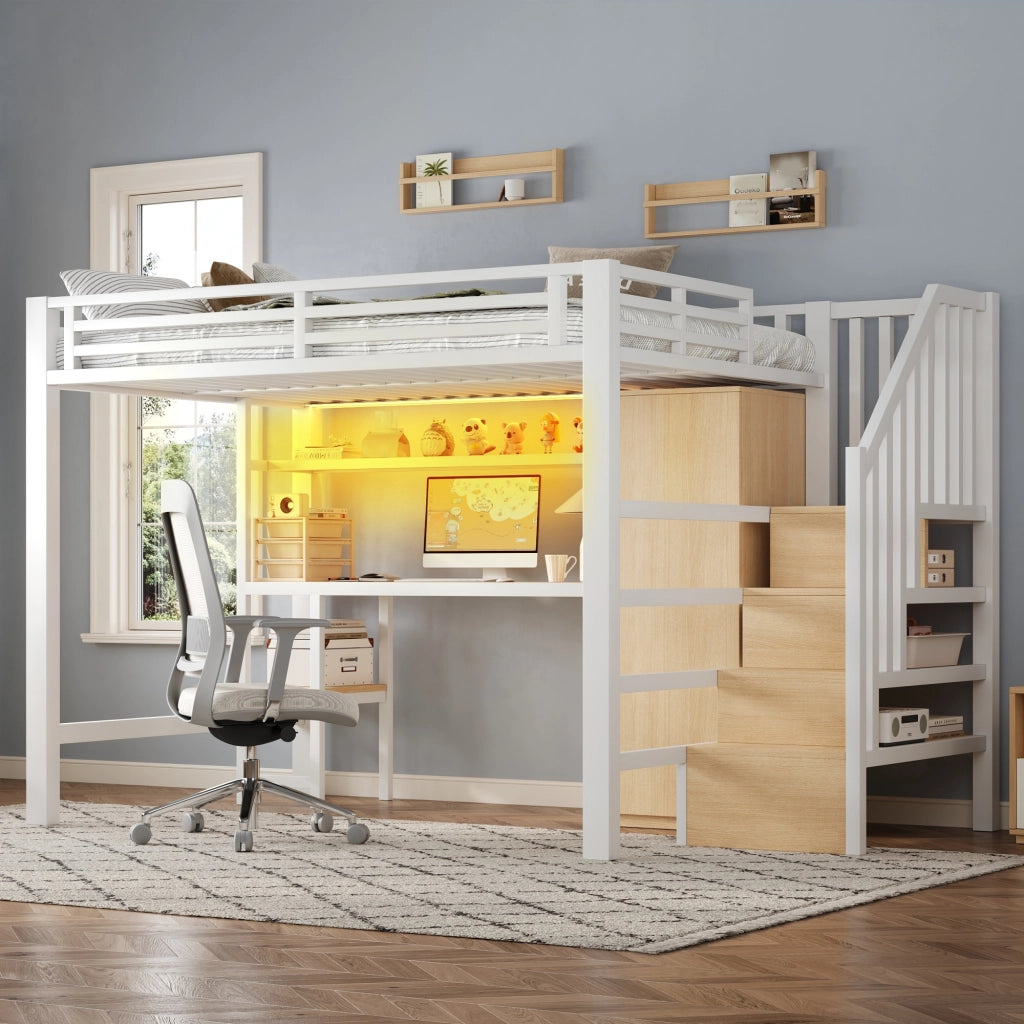Letto a soppalco 140 × 200 cm con scrivania, armadio, scala contenitore e LED, senza materasso, in metallo, bianco