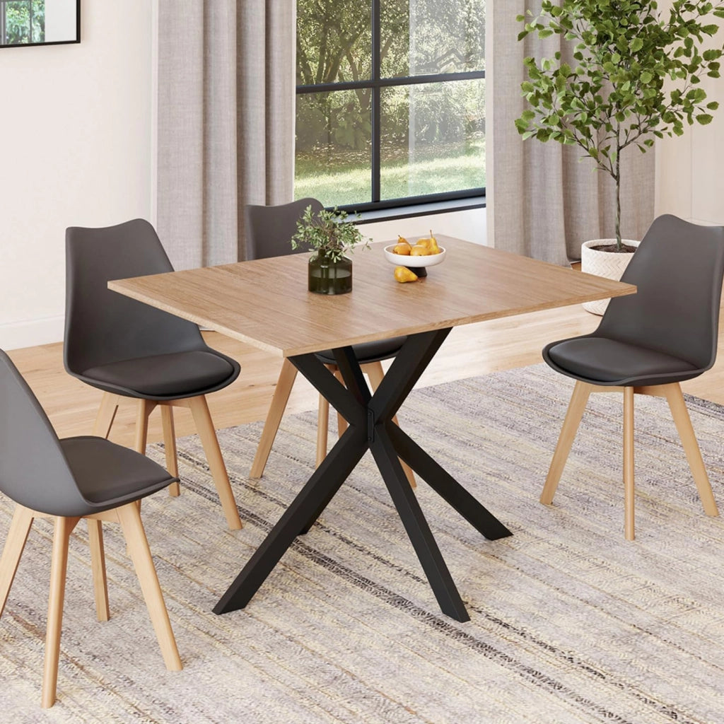 ALIX Mesa de comedor para 4 personas con patas de madera y araña negra 110 cm