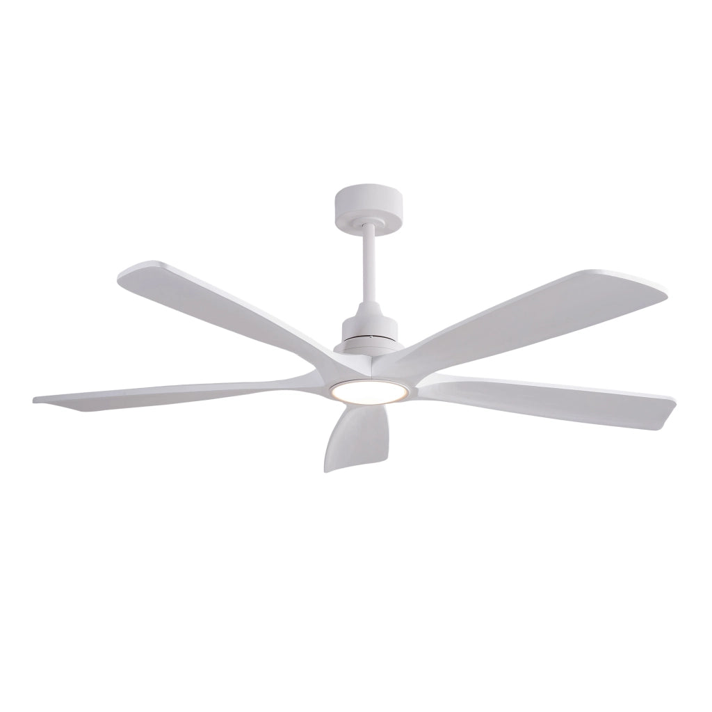 Ventilatore da soffitto bianco con 3 pale in legno; luce LED dimmerabile e motore DC reversibile